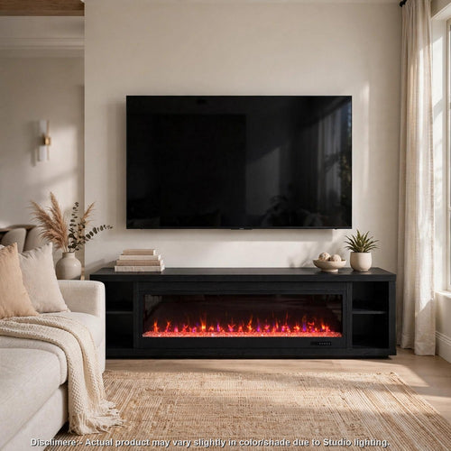 Deti TV Stand Fireplace Media Console w Timer | 4 Shelves | Black 79"