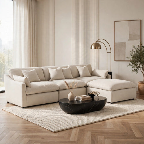 Hobo 4pc Modular Sectional Sofa Set | 6 Pillows | Ivory Performance Fabric