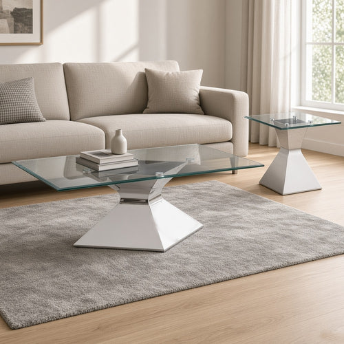 Tani 2pc Coffee and End Table Set | Glass Top | Hourglass Shaped Chrome Base