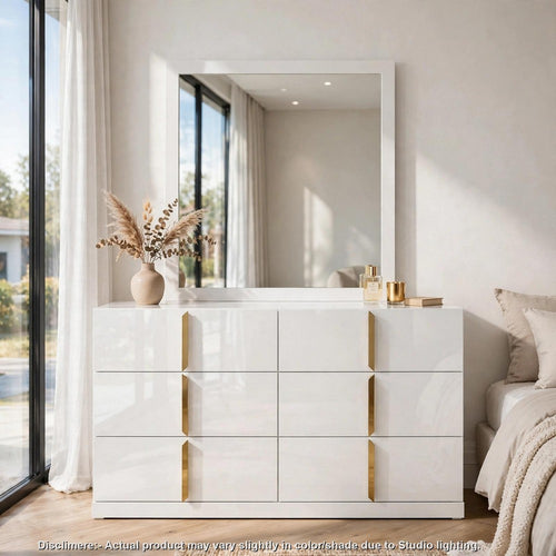 Orion Dresser and Mirror Set | 6 Drawers | White High Gloss | Gold