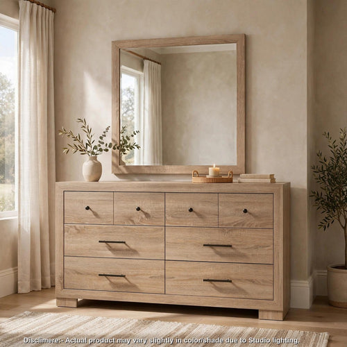 Poxy Dresser and Mirror Set | 6 Drawers | Transitional Light Oak Brown