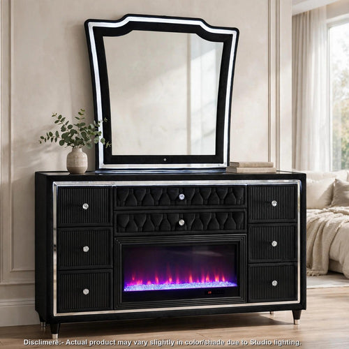 Maren Wide Dresser and Mirror Set w LED Frame Box | 8 Drawers | Black Velvet