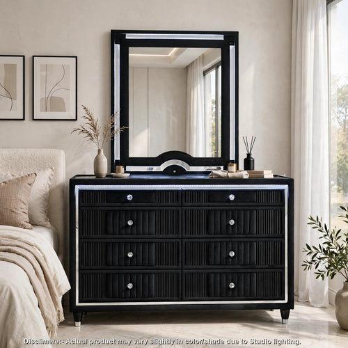Vinni Wide Dresser and LED Mirror Set | 8 Drawers | Channeled Black Velvet