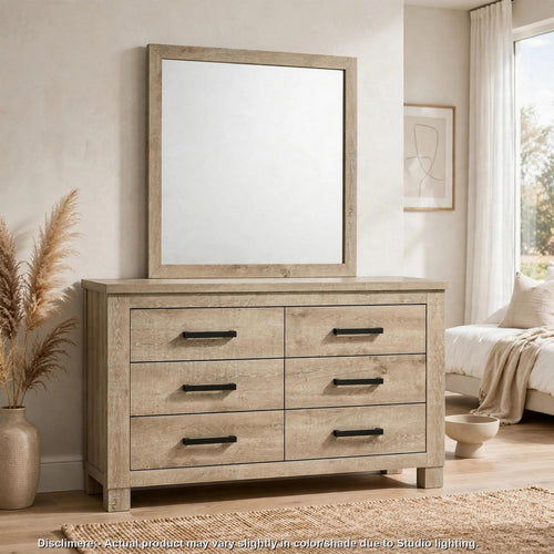 Tyna Wide Dresser and Mirror Set | 6 Drawers | Rustic Weathered Oak Beige