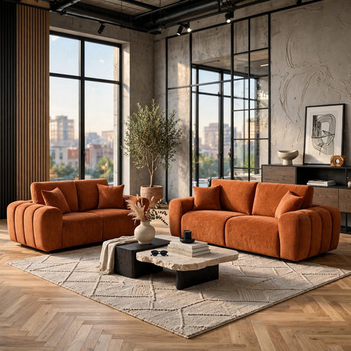 Beno 2pc Sofa and Loveseat Set | 4 Accent Pillows | Burnt Orange Chenille