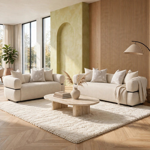 Rakhi 2pc Sofa and Loveseat Set | 7 Pillows | Curved Shape | Beige Fabric