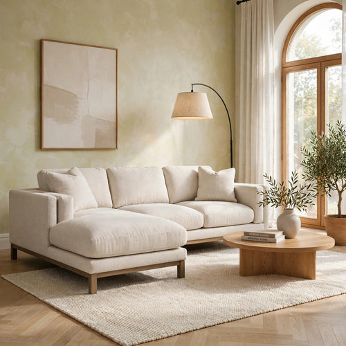 Gina Sectional Chaise Sofa | 2 Pillows | Sand Beige Fabric | Ash Brown Base