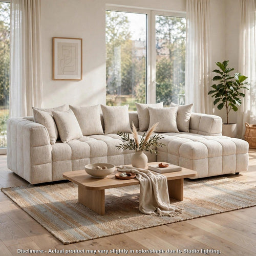 Mera 2pc Modular Sectional Sofa Set | 7 Pillows | Block Tufted Beige Fabric