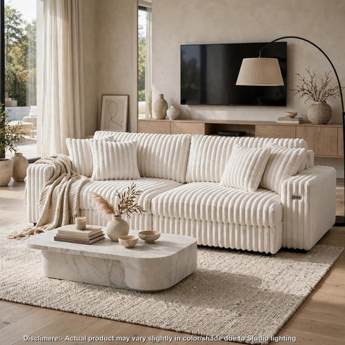 Zisa Sofa with Dual Power Chaise | 4 Pillows | USB Ports | Ivory Corduroy