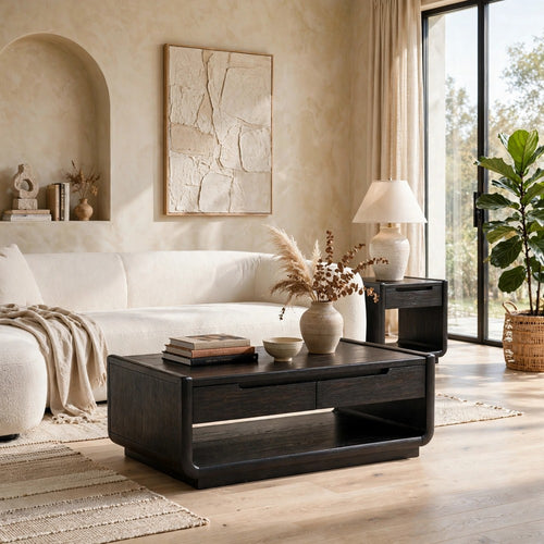 Lina 2pc Coffee and End Table Set | 3 Drawers | Open Shelf | Burnished Black