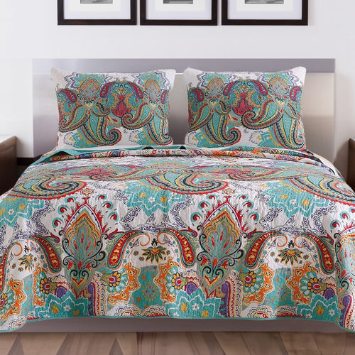 Paisley Quilt Set | 3 Piece Queen Size | Cotton | Teal Blue