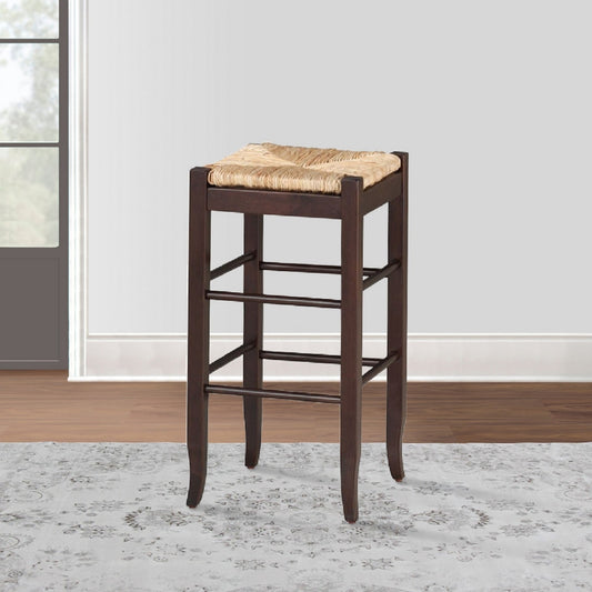Rush Woven Wooden Frame Barstool with Saber Legs, Beige and Dark Brown by Casagear Home