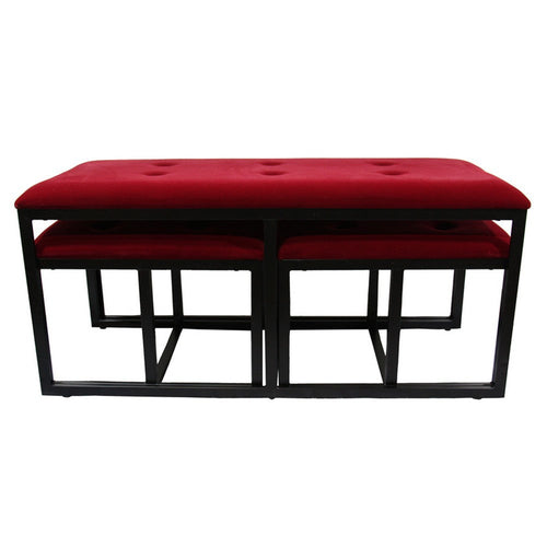 Metal Bench | Tufted Red Black | 2 Seat | Faux Leather Upholstery