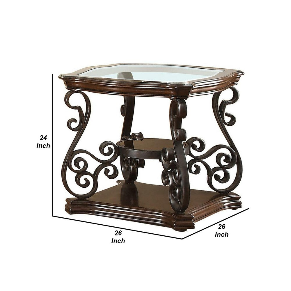 Traditional Solid End Table With Glass Inset, Metal Scrolls & 2 Shelves, Brown