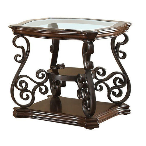 Traditional Solid End Table With Glass Inset, Metal Scrolls & 2 Shelves, Brown