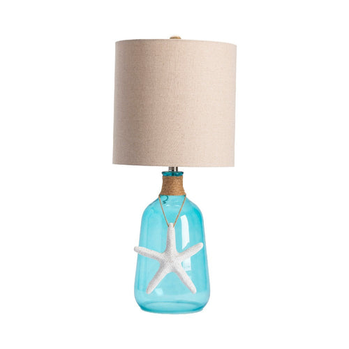 Coastal Table Lamp | Oatmeal Linen Shade| Blue Glass | White Resin Starfish