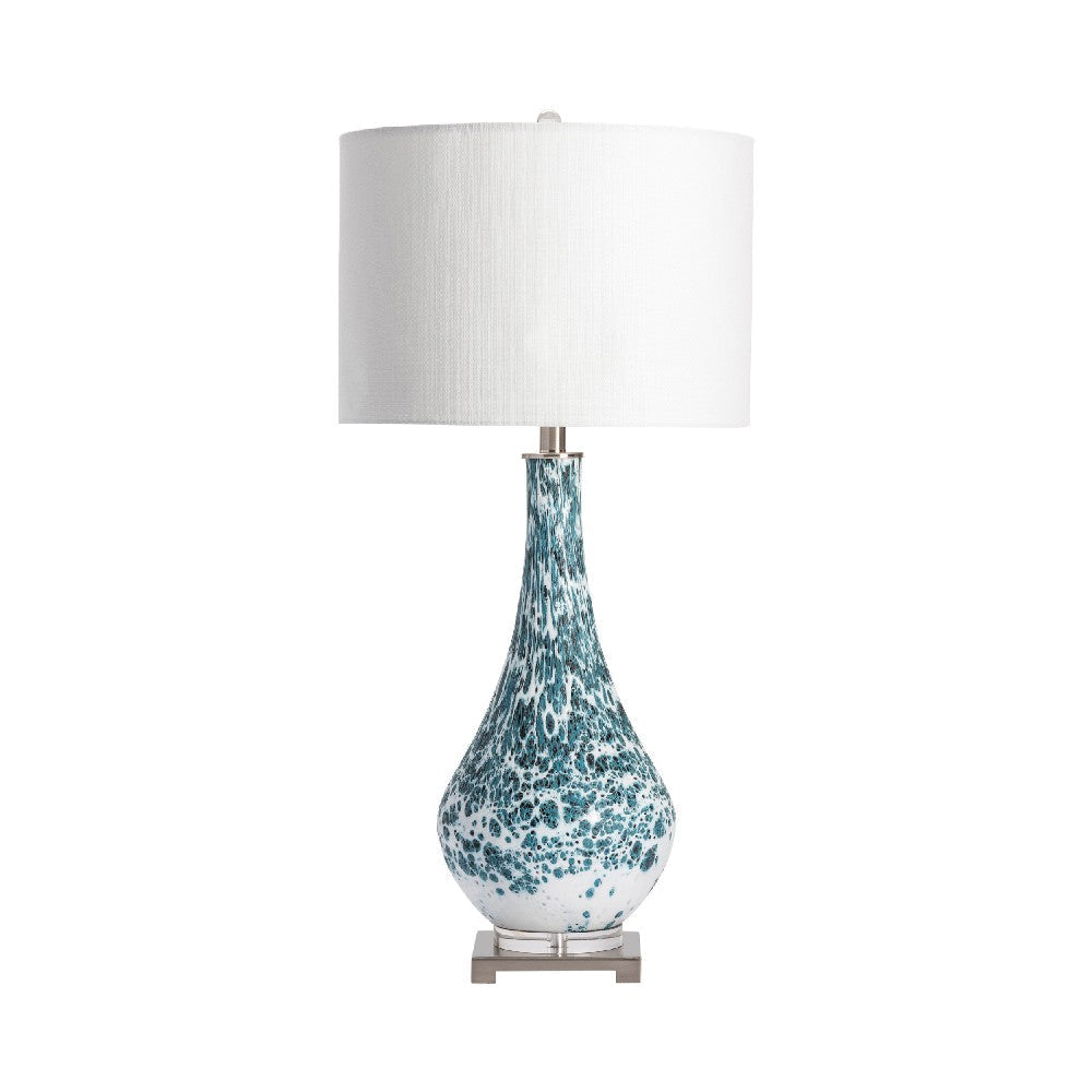 Table Lamp Set of 2 | White Drum Shade | Teal Blue Glass Body | 32"