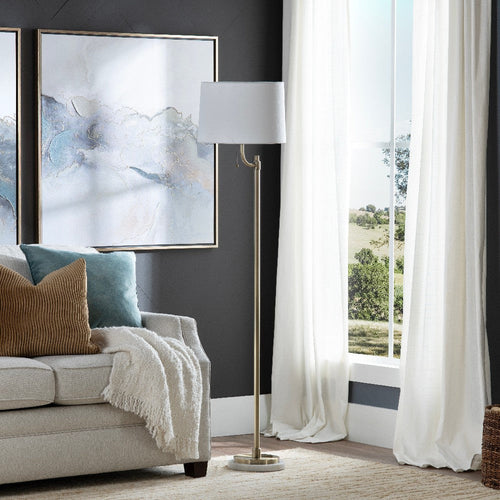 Naz Floor Lamp | 66" | White Drum Shade | Pull Chain Gold Frame