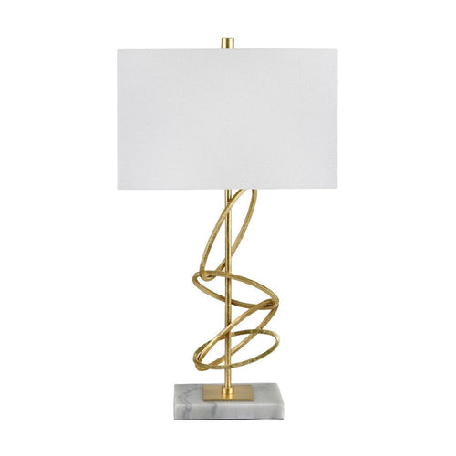Table Lamp | White Linen Shade | 29" Modern Gold Metal Rings | Marble