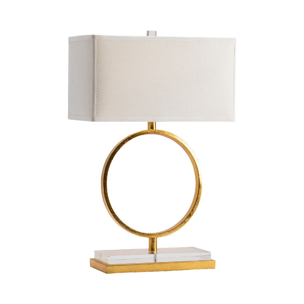 Table Lamp w White Linen Shade | Gold Metal Ring and Crystal Base