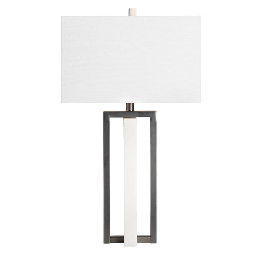 Table Lamp w 30" White Alabaster Body and Linen Shade | Black Metal