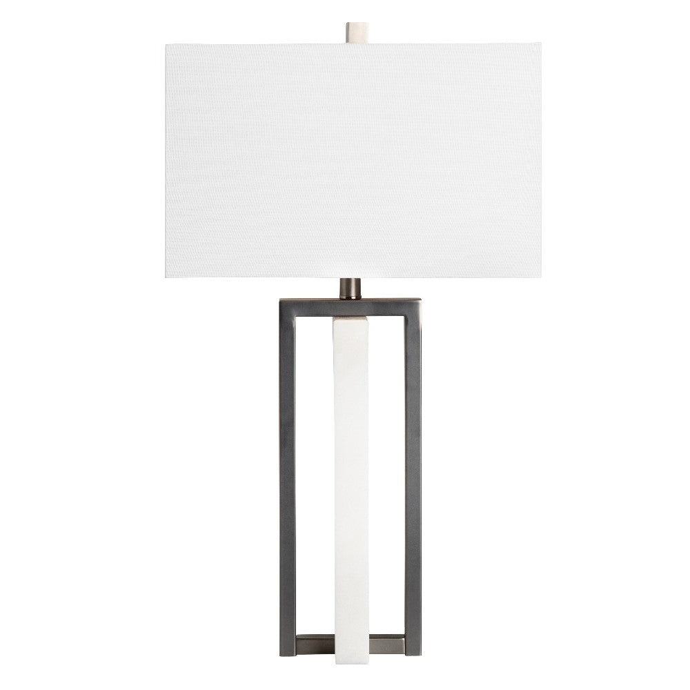 Table Lamp w 30" White Alabaster Body and Linen Shade | Black Metal