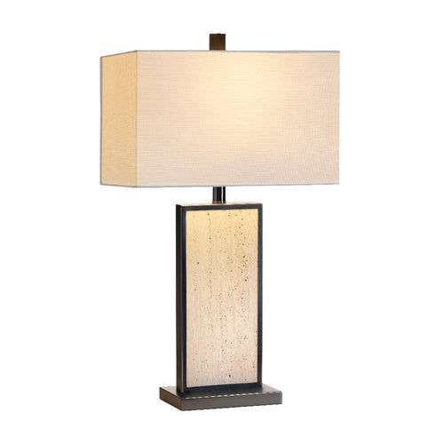 Table Lamp | 28" Tan Travertine Marble Base | White Linen Shade