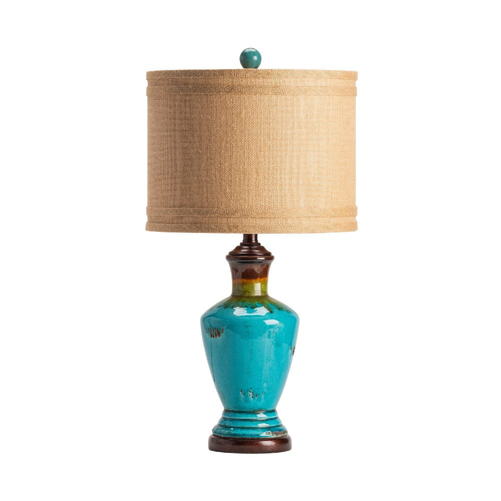 Penz Accent Table Lamp Set | 28" | Brown Burlap Shade | Glazed Blue