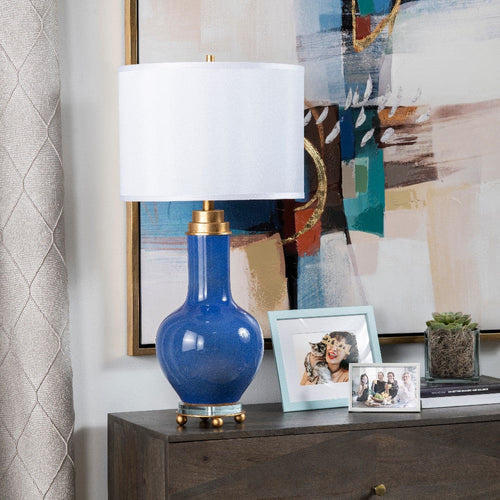 Peni Accent Table Lamp | 32" | White Drum Shade | Dutch Blue Ceramic