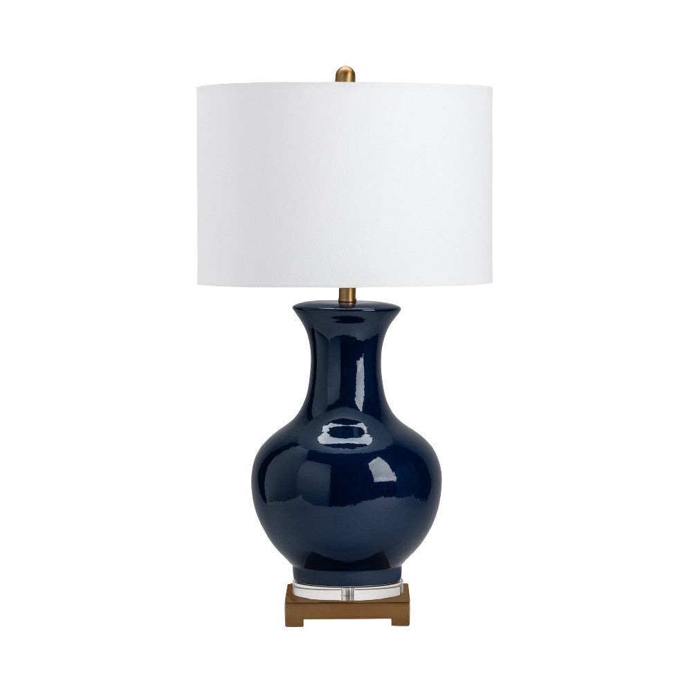Isy Accent Table Lamp | 32" | White Drum Shade | Glazed Blue Ceramic