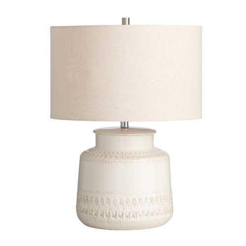 Table Lamp | Linen Drum Shade | Textured Cream Ceramic Body | 25"