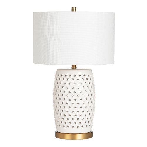 Table Lamp | Open Perforated White Ceramic Body | 27" | Gold Metal