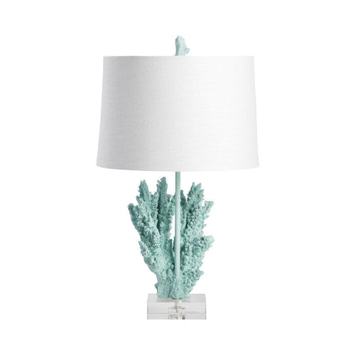 Table Lamp | Blue Resin | Clear Crystal Base | White Drum Shade | 25"