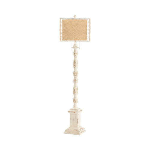 Floor Lamp | Fabric Shade w Metal Mesh | Distressed White Resin | 62"