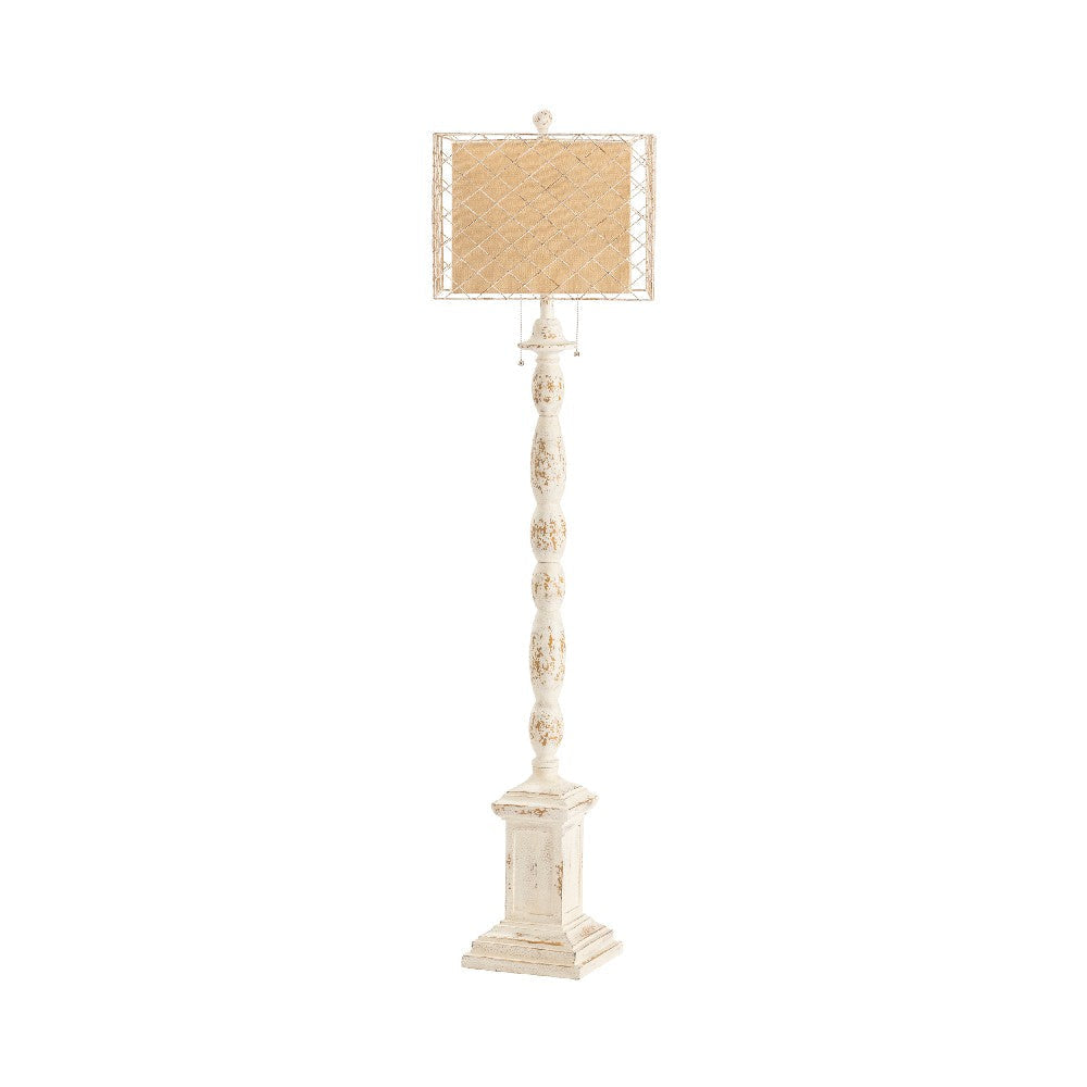 Floor Lamp | Fabric Shade w Metal Mesh | Distressed White Resin | 62"