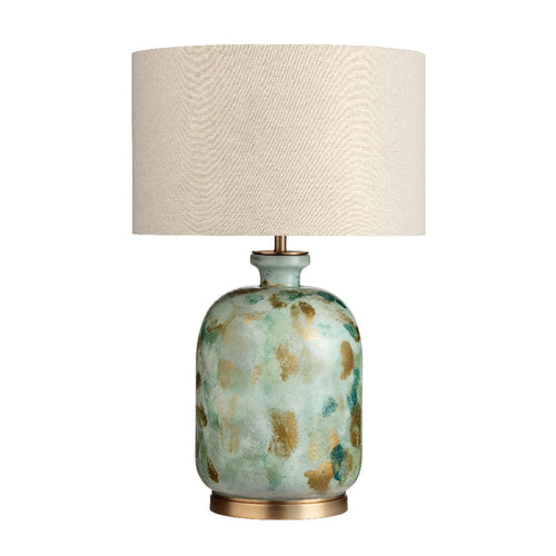 Uzma Table Lamp with Oatmeal Linen Shade | Metal Base | Green-Gold Glass