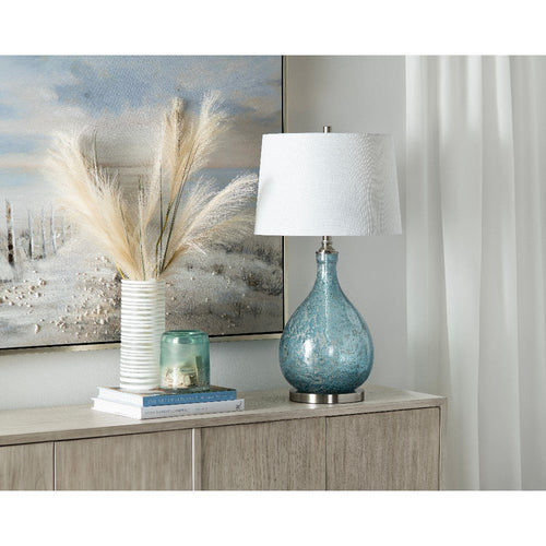 Taha Table Lamp with White Tapered Drum Shade | Metal Base | Blue Glass