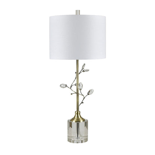 Cazy Table Lamp with Textured Burlap Shade | Crystal Leaves and Green Glass