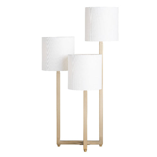 Barney Three Light Accent Table Lamp | White Linen Shades | Brass Metal