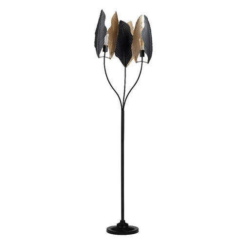 Fenny Floor Lamp | Triple Embossed Palm Frond Shade | Black Gold Iron