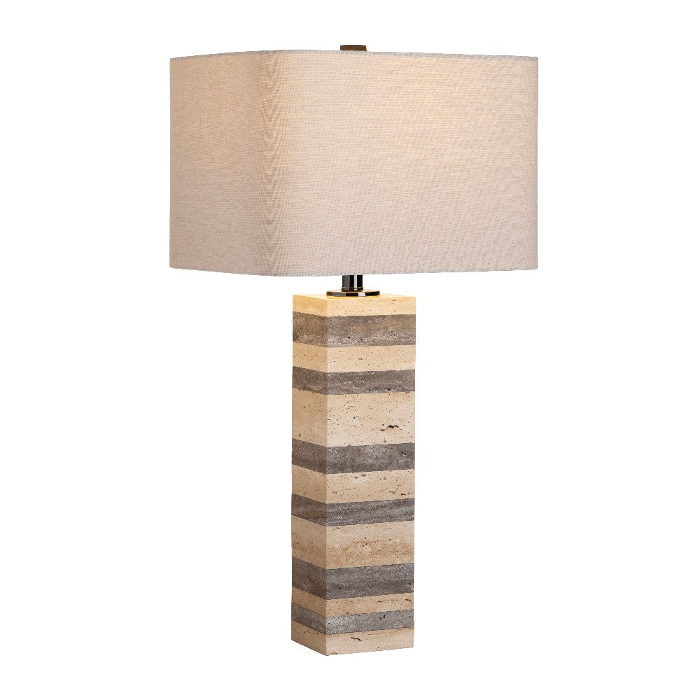 Laura Table Lamp | Hand Hewn Travertine | Linen Shade | Brown-Tan Ceramic