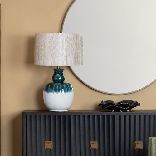Reggy Table Lamp | Brown Hardback Drum Shade | Teal Blue Drips | White Ceramic
