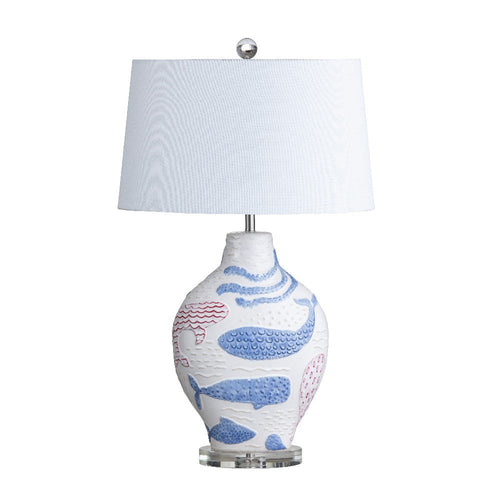 Orry Table Lamp Set of 2 | Red-Blue Raised Fish on White Ceramic | White Shade