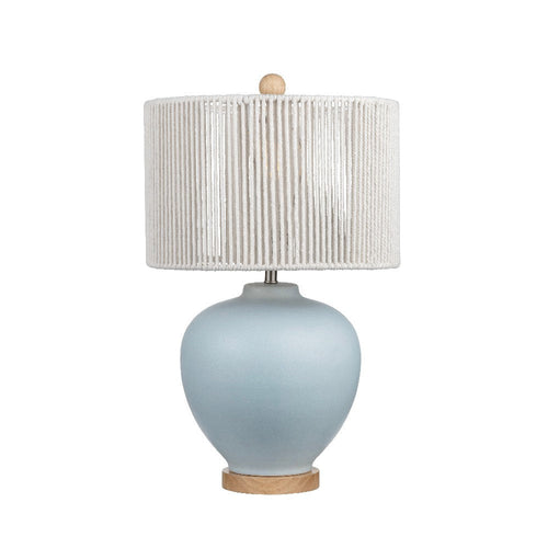 Tyrx Table Lamp | Tan Cotton Rope Drum Shade | Wood Base | Blue Ceramic