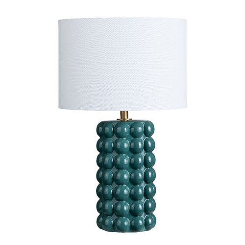 Cally Table Lamp with White Linen Drum Shade | Retro Green Teal Ceramic