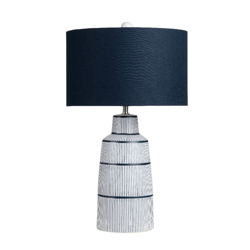 Sowy Coastal Table Lamp with Navy Blue Drum Linen Shade | White Ceramic