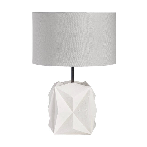 Table Lamp w White Resin Geometric Faceted Body and Gray Linen Shade