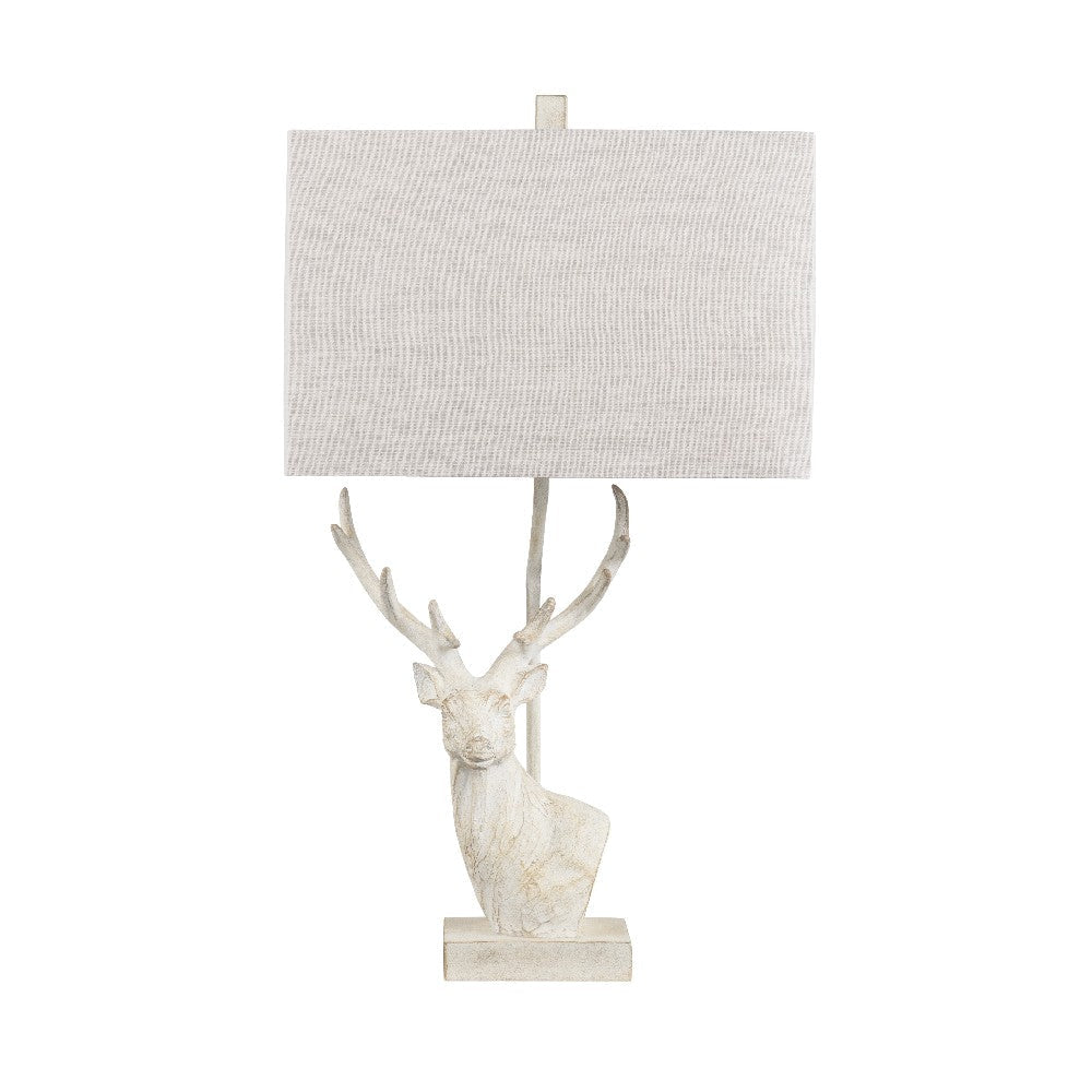 Table Lamp | Rustic Deer Bust Resin Body | Cream Linen Drum Shade