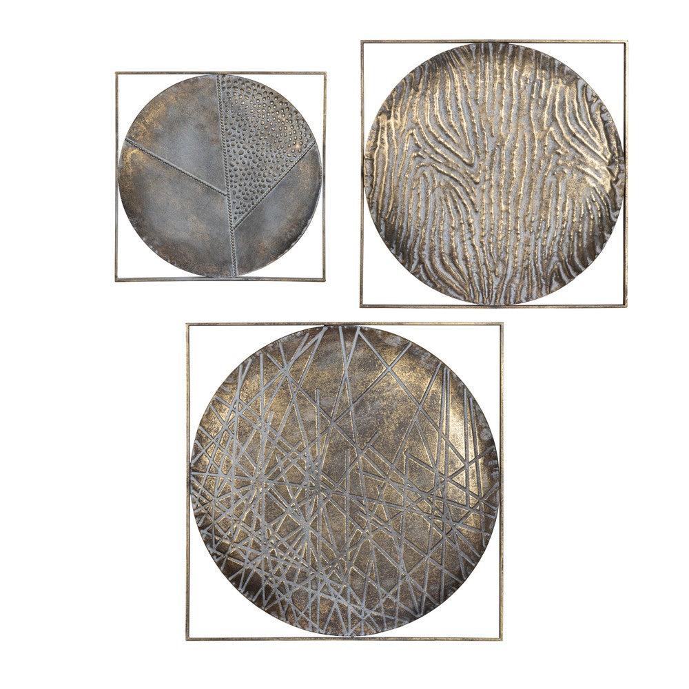 3pc Hanging Artwork | Square Framed Disks w Embossed Texture | Bronze