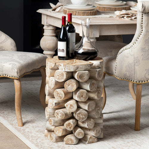Crestview Roa Accent Table | 16" Round | Stacked Log Base | Whitewash